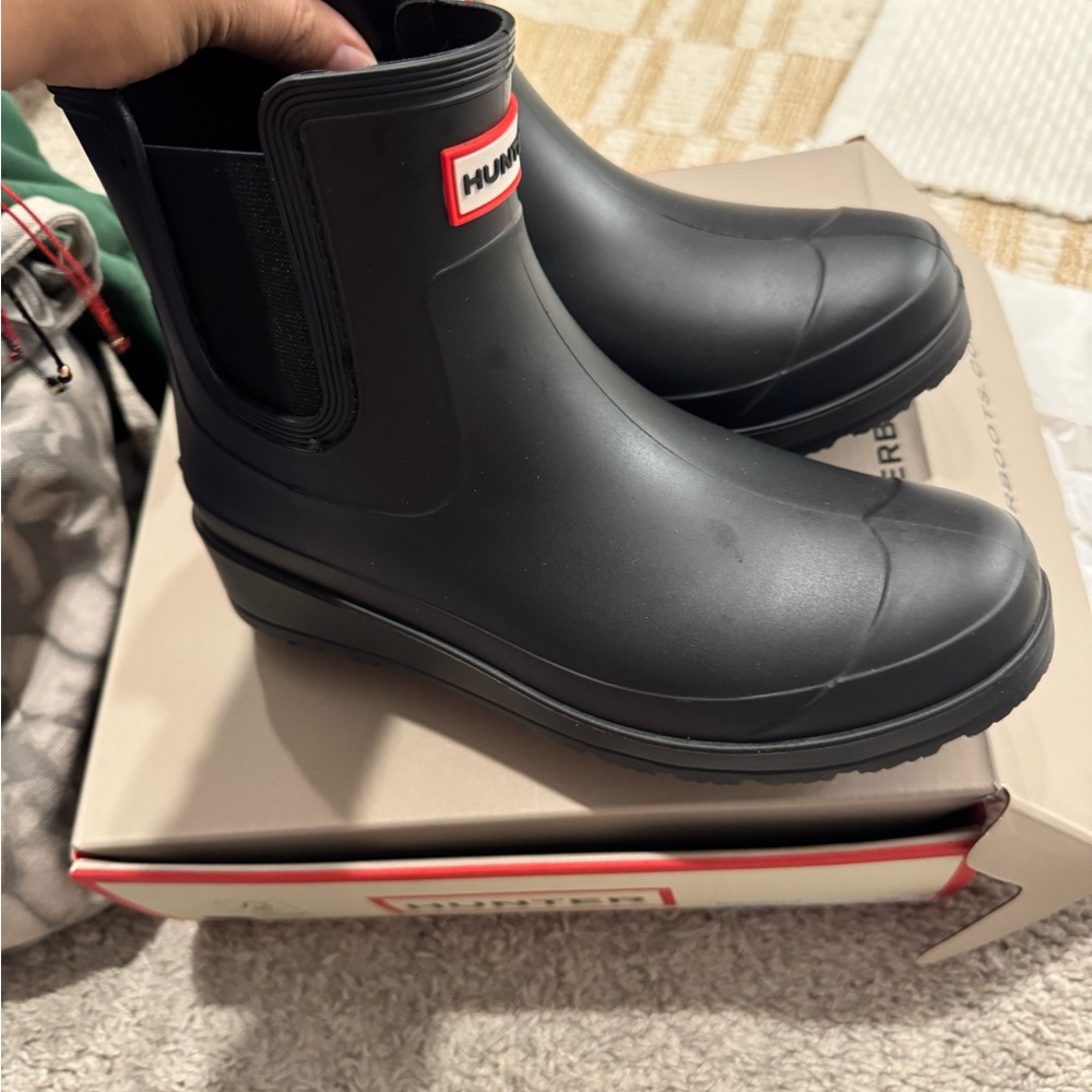 Hunter Black Matte Chelsea Rain Ankle Boots with Red Logo